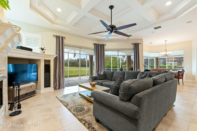 1459 Southpointe Ct, Melbourne, FL 32940 - living area featuring coffered ceiling, ceiling fan with notable chandelier, light tile patterned flooring, and beamed ceiling