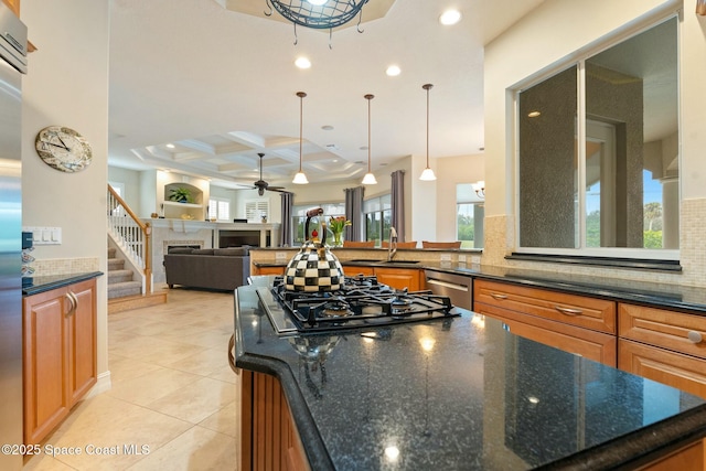 1459 Southpointe Ct, Melbourne, FL 32940 - kitchen featuring coffered ceiling, recessed lighting, black gas cooktop, a kitchen island, and dishwasher