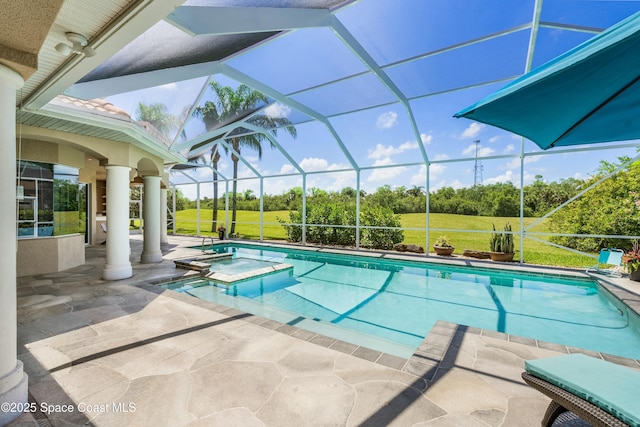 1459 Southpointe Ct, Melbourne, FL 32940 - pool featuring a jacuzzi, glass enclosure, a patio, and a yard
