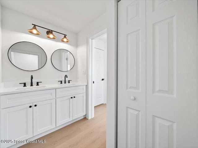 bathroom with vanity and wood-type flooring