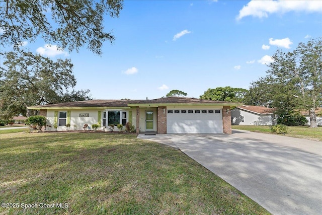 single story home with a garage and a front lawn