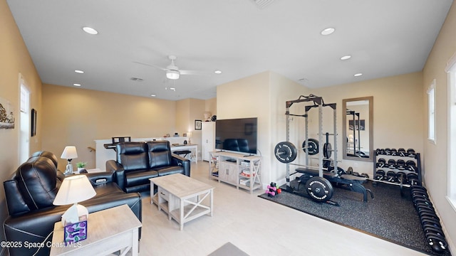 workout room with visible vents, recessed lighting, and a ceiling fan