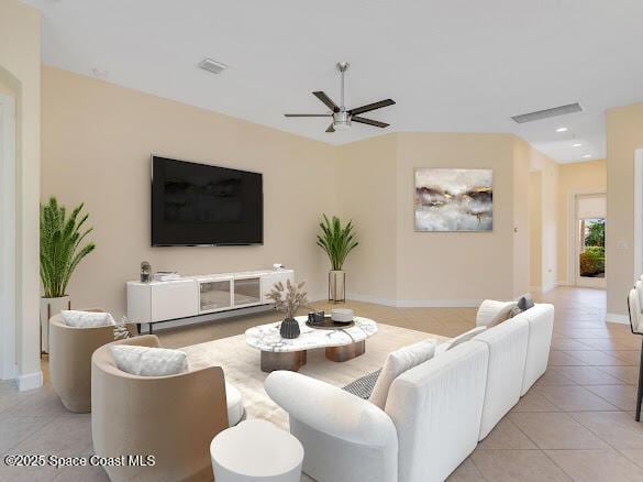 tiled living room featuring ceiling fan