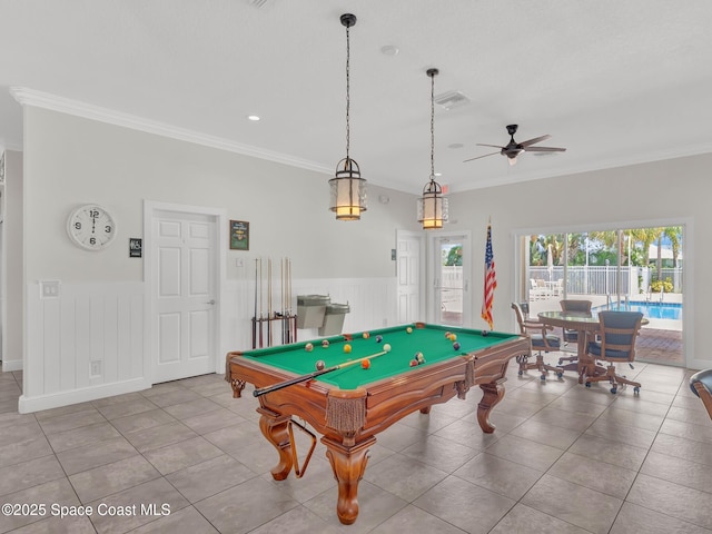 game room with pool table, ornamental molding, ceiling fan, and light tile patterned flooring