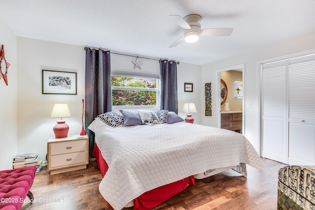 bedroom with dark hardwood / wood-style flooring, ensuite bath, a closet, and ceiling fan