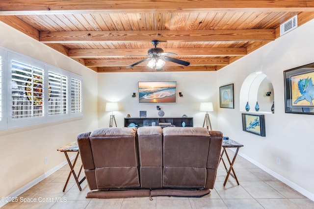 tiled living room featuring beamed ceiling, ceiling fan, and wooden ceiling