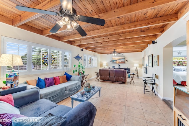 tiled living room featuring ceiling fan, wooden ceiling, and beamed ceiling