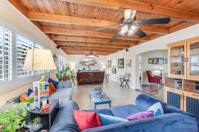 living room featuring wood ceiling, beam ceiling, and light tile patterned floors