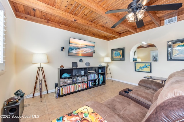 tiled living room with beam ceiling, wood ceiling, and ceiling fan