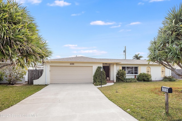 single story home with a garage and a front yard