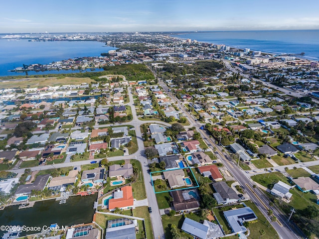 drone / aerial view featuring a water view