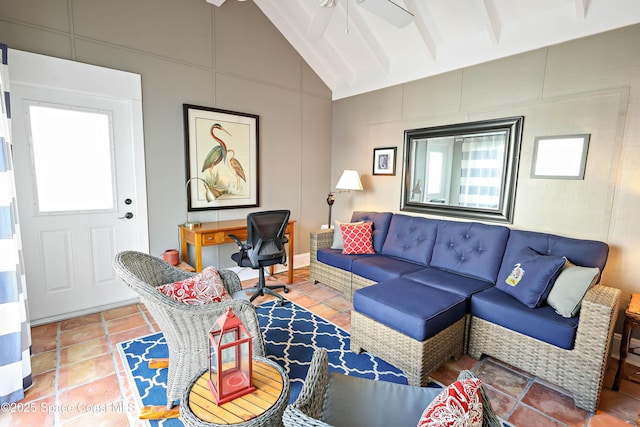 tiled living room featuring ceiling fan and vaulted ceiling with beams