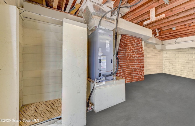 basement with brick wall