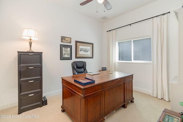 home office with light colored carpet and ceiling fan