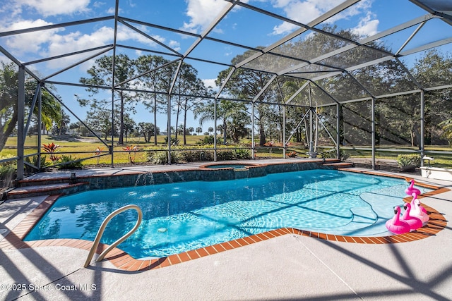 view of swimming pool with a patio area, an in ground hot tub, and glass enclosure