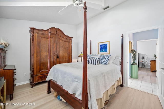 bedroom featuring ceiling fan and light wood-type flooring