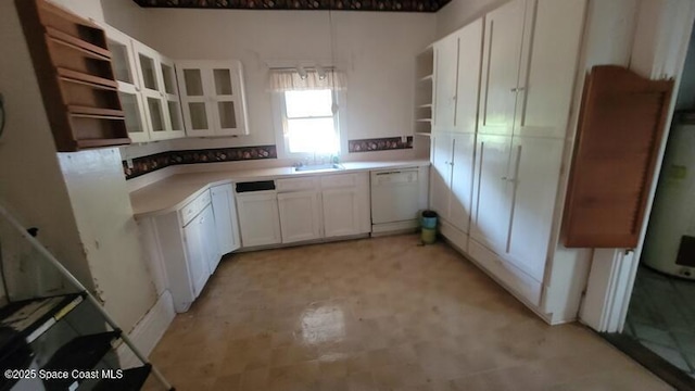 kitchen with white dishwasher, sink, water heater, and white cabinets