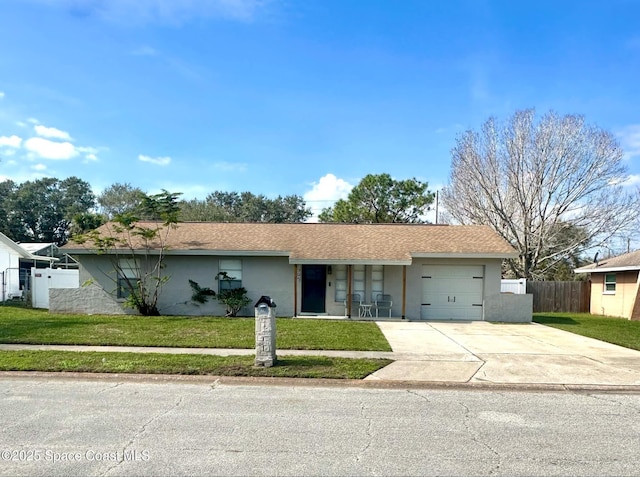 single story home featuring a garage and a front lawn