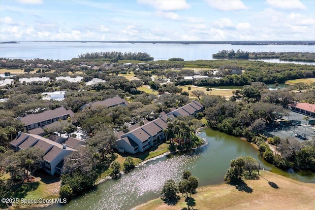 drone / aerial view with a water view