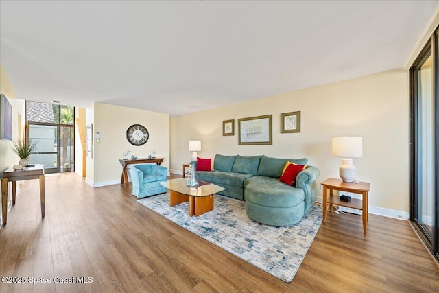 living room with hardwood / wood-style flooring and floor to ceiling windows