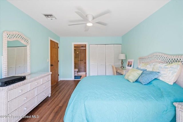 bedroom featuring dark wood-type flooring, connected bathroom, and ceiling fan