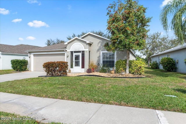 ranch-style home featuring a garage and a front lawn