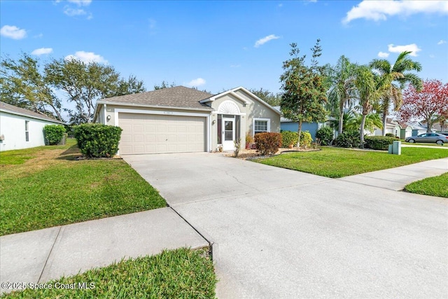 ranch-style home with a garage and a front yard