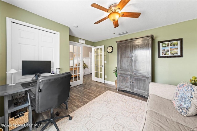 office space with french doors, ceiling fan, and hardwood / wood-style floors