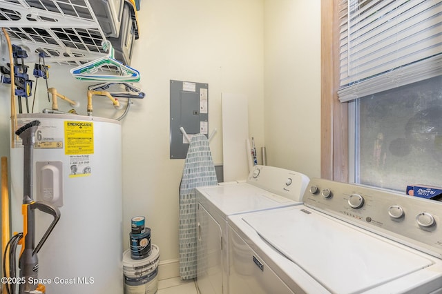 laundry room with electric panel, electric water heater, and washing machine and clothes dryer