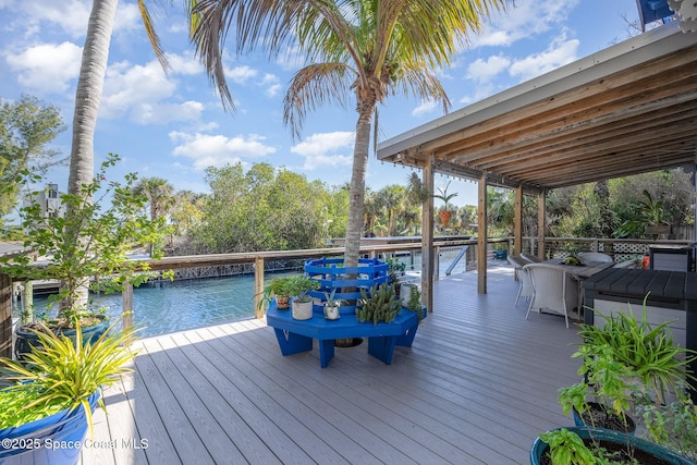 wooden terrace featuring a water view