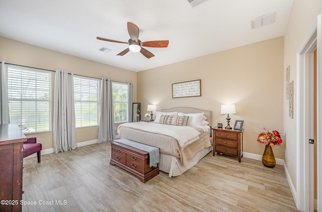 bedroom with light hardwood / wood-style floors and ceiling fan