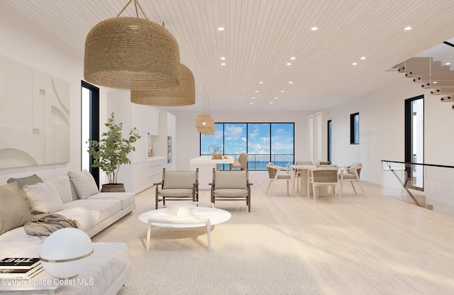 living room with light wood-type flooring and wood ceiling