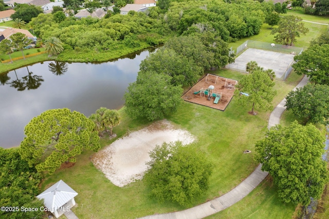 drone / aerial view featuring a water view