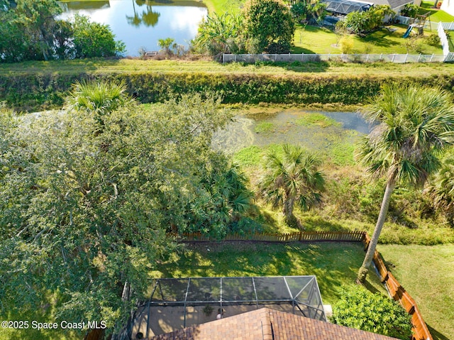 drone / aerial view featuring a water view