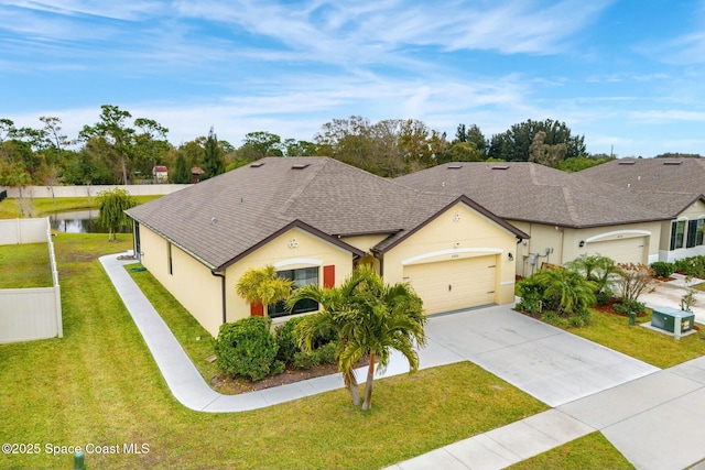 single story home featuring a water view, a garage, and a front yard