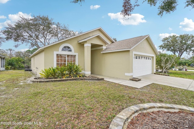 single story home featuring a garage and a front yard