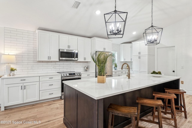 kitchen with white cabinetry, a kitchen island with sink, and appliances with stainless steel finishes