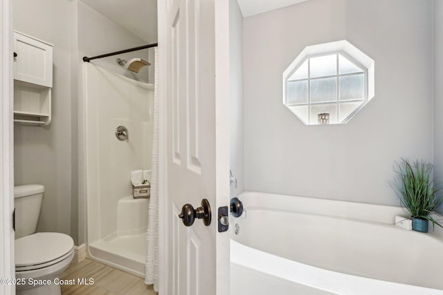 bathroom featuring wood-type flooring, toilet, and curtained shower