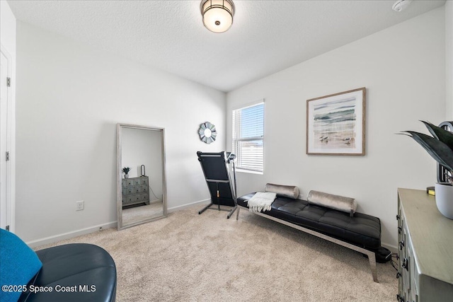 living area featuring light carpet and a textured ceiling