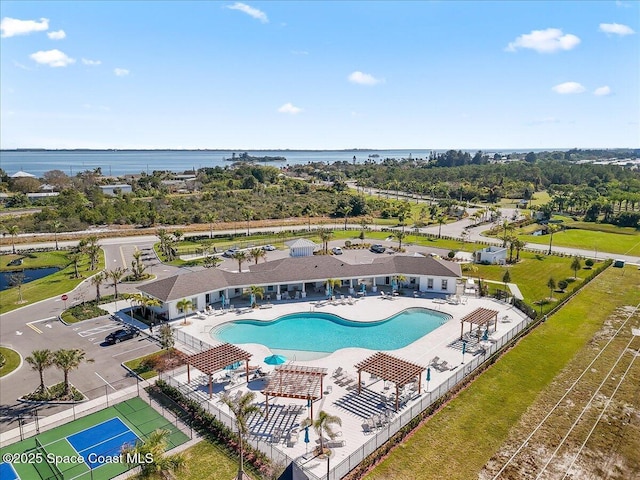 drone / aerial view featuring a water view