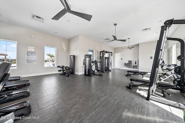 gym featuring ceiling fan and dark hardwood / wood-style flooring