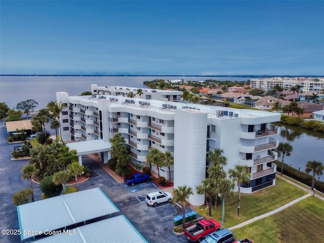 aerial view featuring a water view