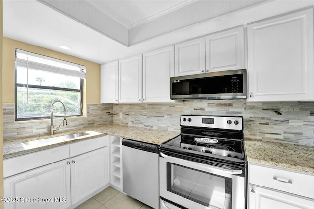 kitchen featuring white cabinetry, stainless steel appliances, sink, and tasteful backsplash