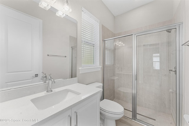 bathroom featuring vanity, an enclosed shower, and toilet