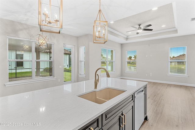 kitchen with sink, light hardwood / wood-style flooring, a tray ceiling, decorative light fixtures, and stainless steel dishwasher