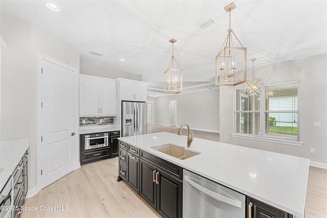 kitchen with appliances with stainless steel finishes, pendant lighting, white cabinetry, an island with sink, and sink