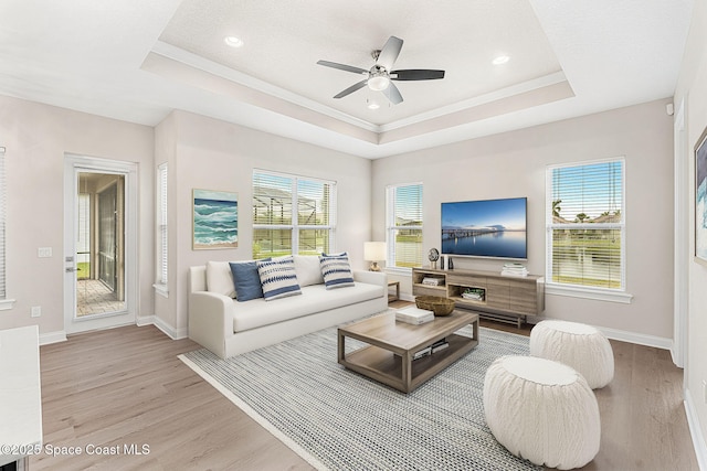 living room featuring a tray ceiling, light hardwood / wood-style floors, and ceiling fan