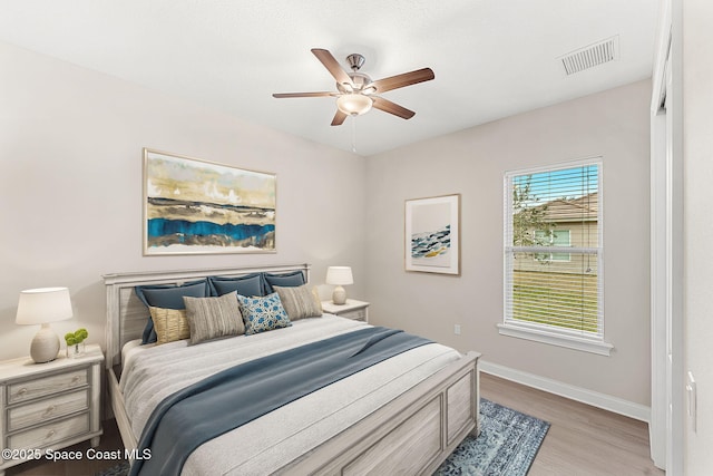 bedroom featuring ceiling fan and light hardwood / wood-style floors