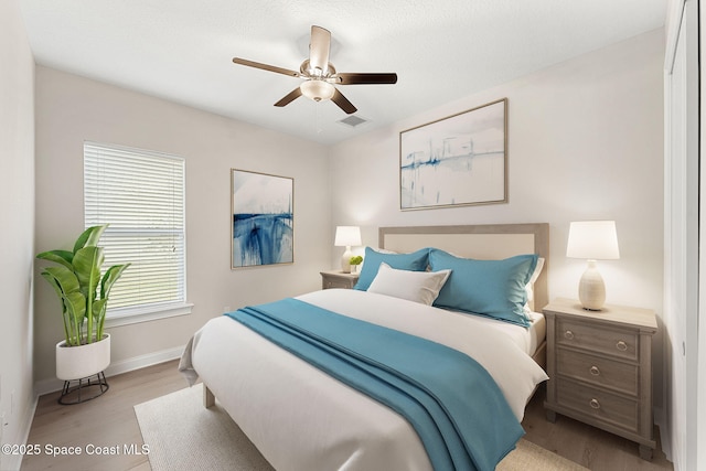 bedroom featuring ceiling fan and light wood-type flooring