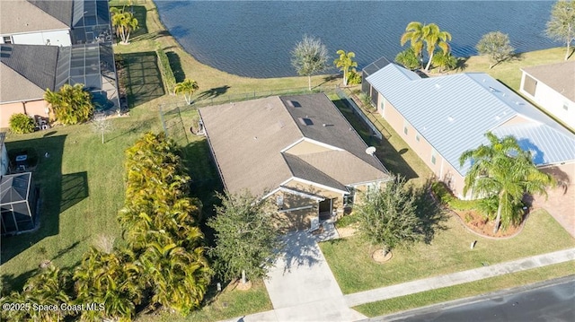 aerial view featuring a water view